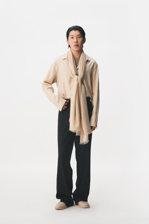 Lightweight Cashmere Woven Scarf in Beige, editorial photo