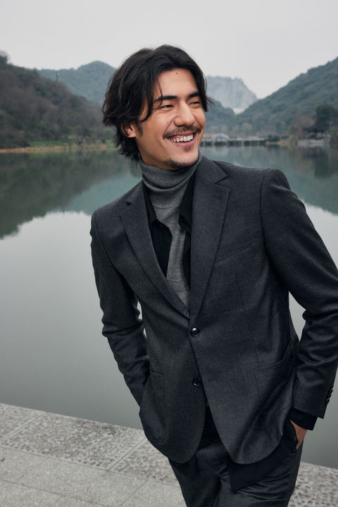 Essential Cashmere Turtleneck Sweater in Urban Silver, editorial photo