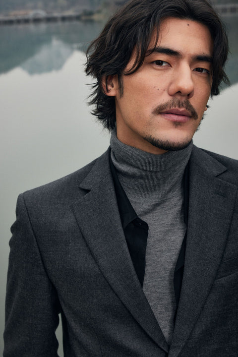 Timeless Cashmere Turtleneck Sweater in Beige, editorial photo