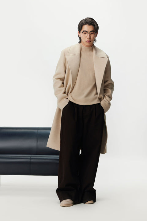Gray Double-Breasted Cashmere Coat for Men, editorial photo