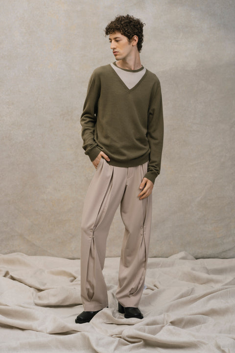 Essential Cashmere V-Neck Sweater in Dark Gray, editorial photo