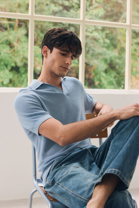 Open Collar Silk Cashmere Polo Shirt in Tile Blue, editorial photo