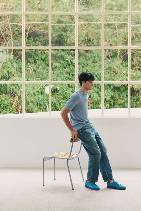 Open Collar Silk Cashmere Polo Shirt in Tile Blue, editorial photo