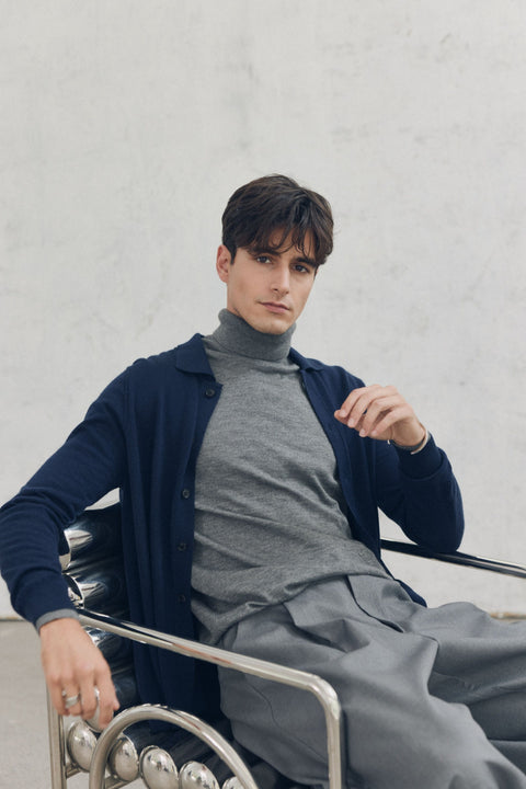 Cashmere Silk Polo-Neck Cardigan, editorial photo