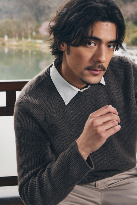 Ribbed Cashmere Sweater in Earth Brown, editorial photo