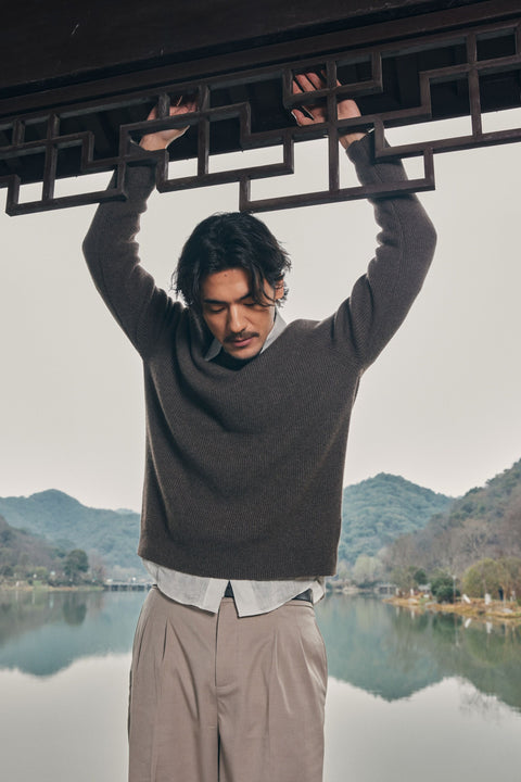 Ribbed Cashmere Sweater in Earth Brown, editorial photo
