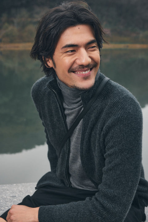Timeless Cashmere Turtleneck Sweater in Beige, editorial photo