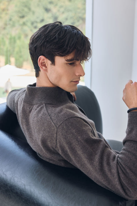 Timeless Cashmere Half-Zip Sweater in Gray, editorial photo