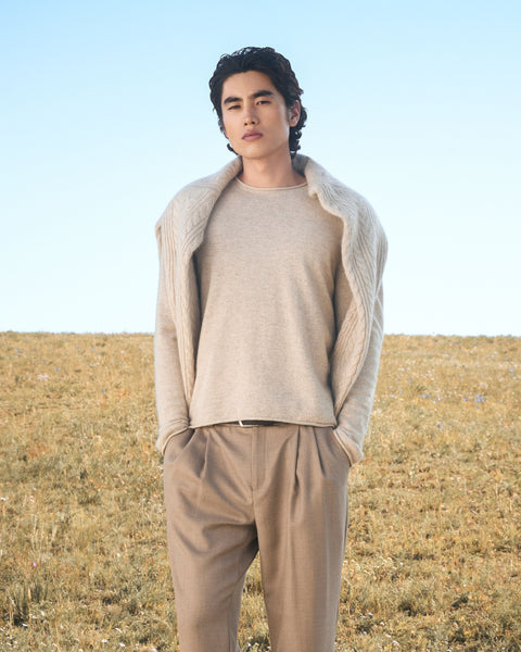 Cashmere Rolled-Edge Crewneck Sweater in Classic Blue, editorial photo