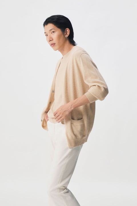 Essential Cashmere V-Neck Cardigan in Off-White, editorial photo