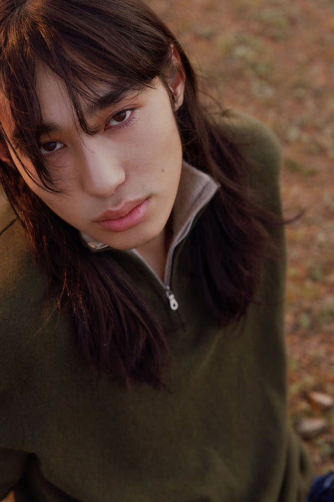 Essential Cashmere Half-Zip Sweater in Gray, editorial photo