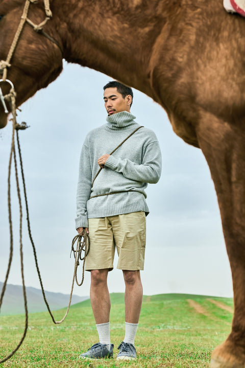 Men's Cashmere Turtleneck in Charcoal, editorial photo