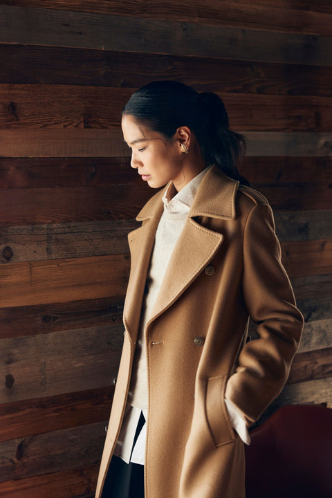 Double-Breasted Cashmere Coat in Olive Green, editorial photo