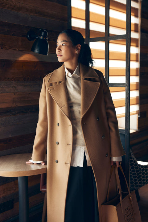 Double-Breasted Cashmere Coat in Olive Green, editorial photo