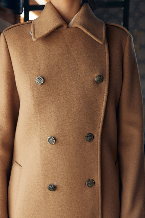 Double-Breasted Cashmere Coat in Olive Green, editorial photo