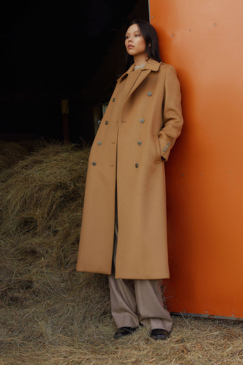 Double-Breasted Cashmere Coat in Olive Green, editorial photo