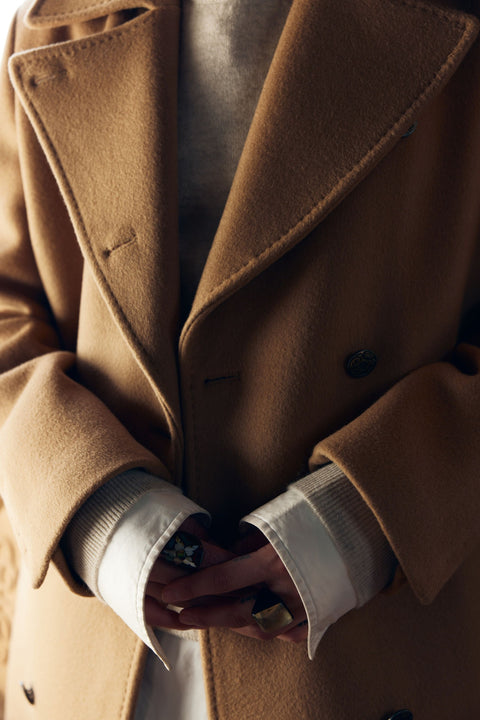 Double-Breasted Cashmere Coat in Olive Green, editorial photo
