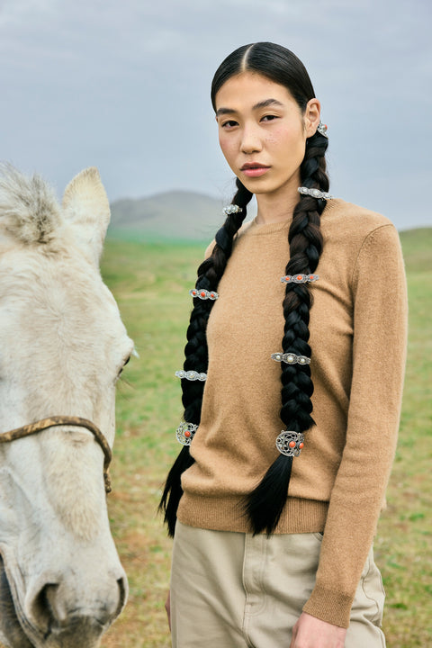 Essential Cashmere Crewneck Sweater in Steel Silver, editorial photo