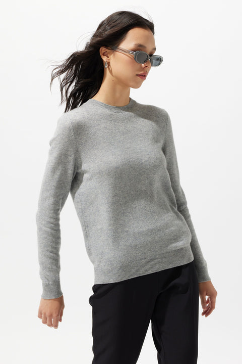 Essential Cashmere Crewneck Sweater in Steel Silver, editorial photo