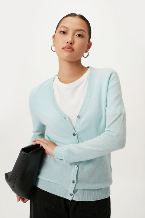 Essential Cashmere V-Neck Cardigan in Blue, editorial photo
