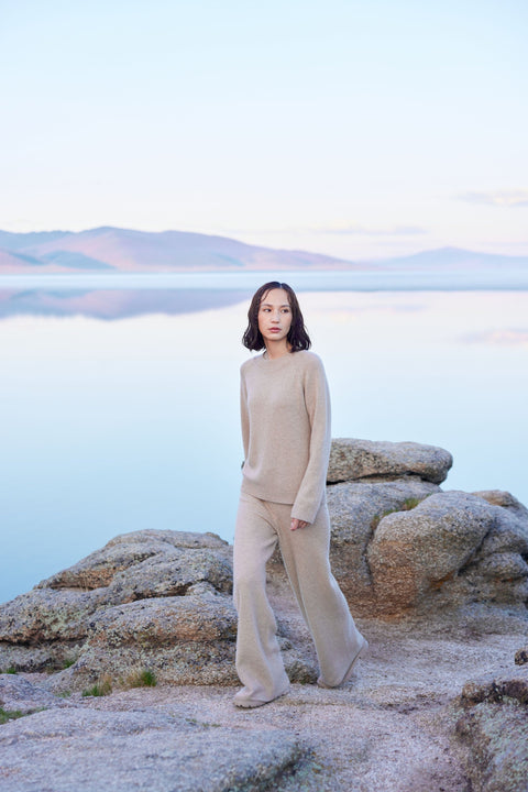 Wide-Leg Ajour Knit Pants in Taupe, editorial photo