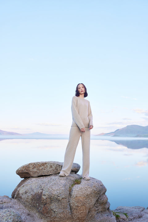 Wide-Leg Ajour Knit Pants in Taupe, editorial photo