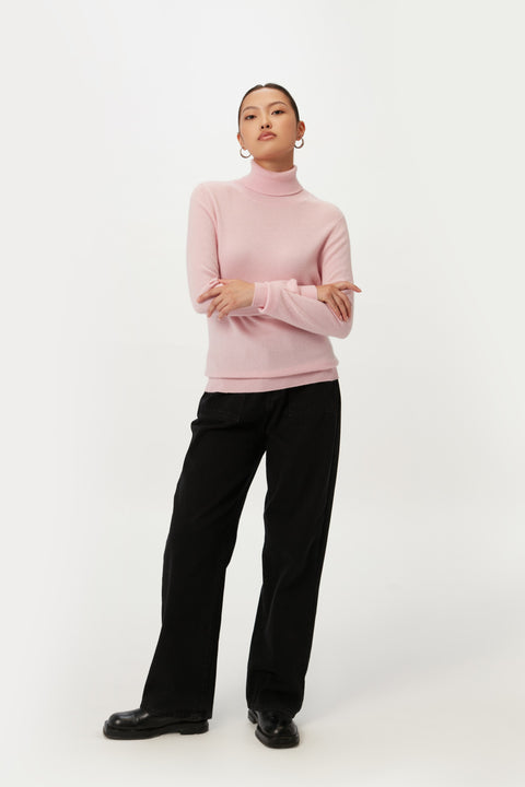 Timeless Cashmere Turtleneck Sweater in White, editorial photo
