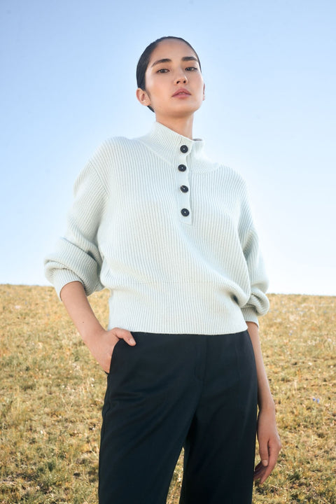 Cashmere Buttoned High-Neck Sweater, editorial photo