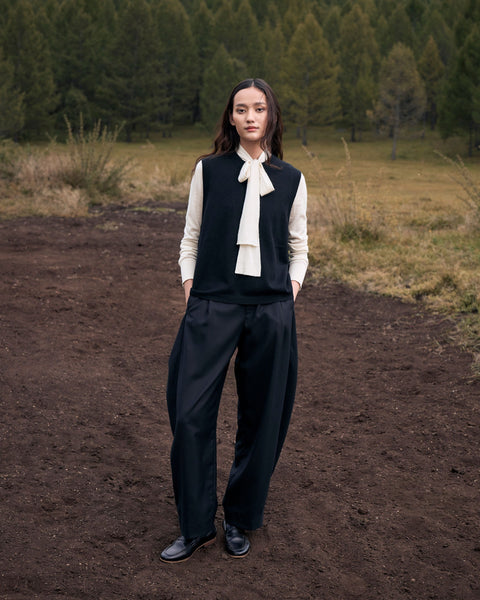 Barrel-Leg Cashmere Pants in Dark Brown, editorial photo