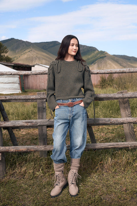 CashmeReborn Mongolian Knot-Braid Sweater, editorial photo