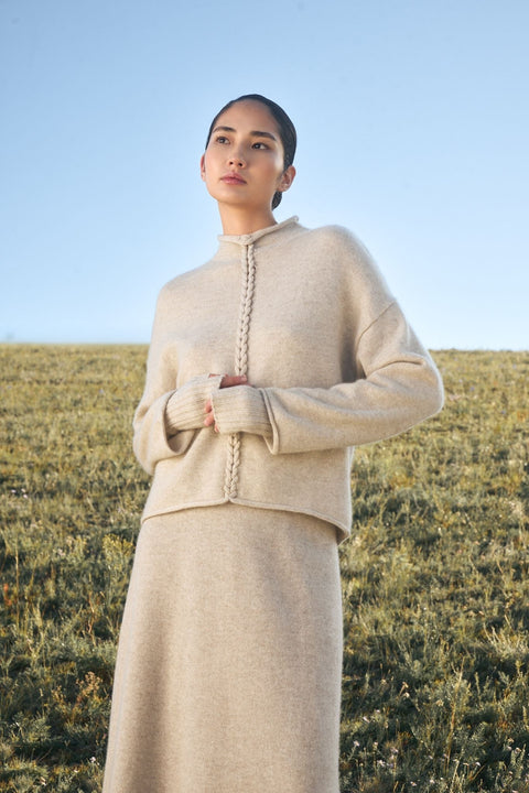 Cashmere Braided-Cable High-Neck Sweater, editorial photo