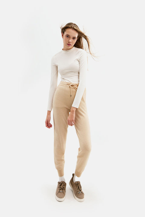 Natural Color Cuffed Cashmere Jogger in Beige, editorial photo
