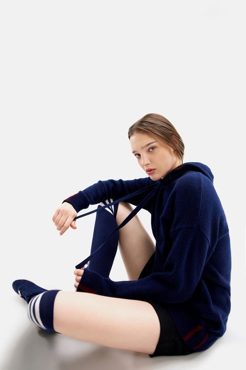 Cashmere Pullover Hoodie in Light Gray, editorial photo