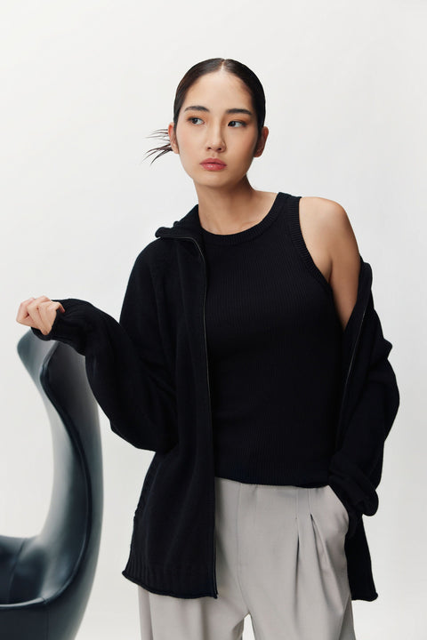 Ribbed Cotton Silk Cashmere Blend Tank Top in Graphite Black, editorial photo