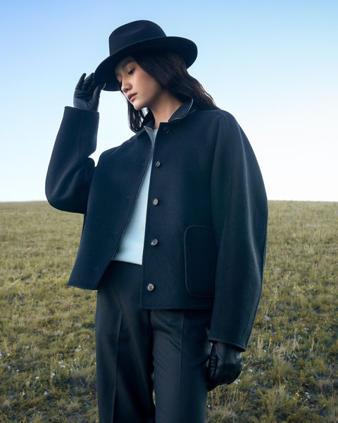 Reversible Cashmere Shirt-Collar Jacket in Taupe, editorial photo