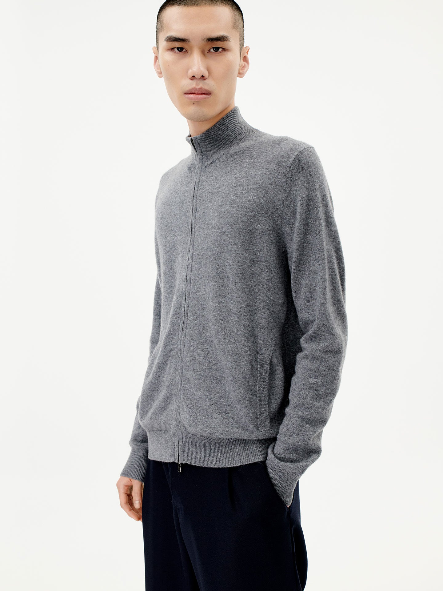 Men's Cashmere Full Zip Stand Collar Cardigan Dim Gray - Gobi Cashmere