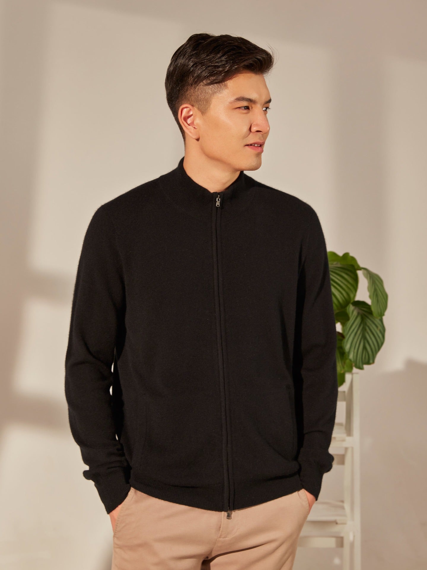 Men's Cashmere Full-Zip Cardigan Black - Gobi Cashmere