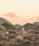 Illustration of a cashmere goat herd grazing on Mongolian hills at sunset, young goats playing