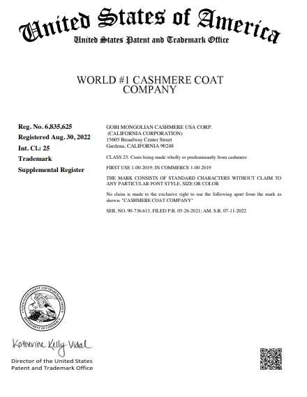 We officially trademarked the phrase "World #1 Cashmere Coat Company"