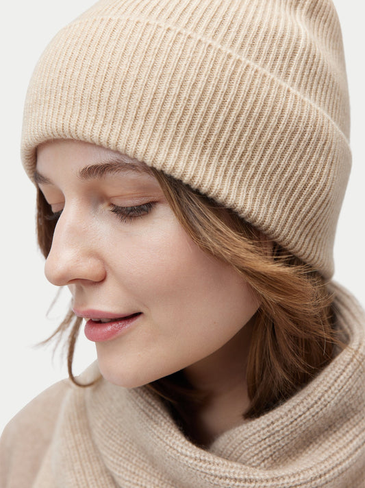 Unisex Organic Cashmere Rib Knit Beanie Beige | GOBI Cashmere