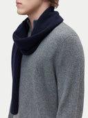 side view of a person wearing a navy blue scarf and gray sweater on a light gray background #color_navy-blazer