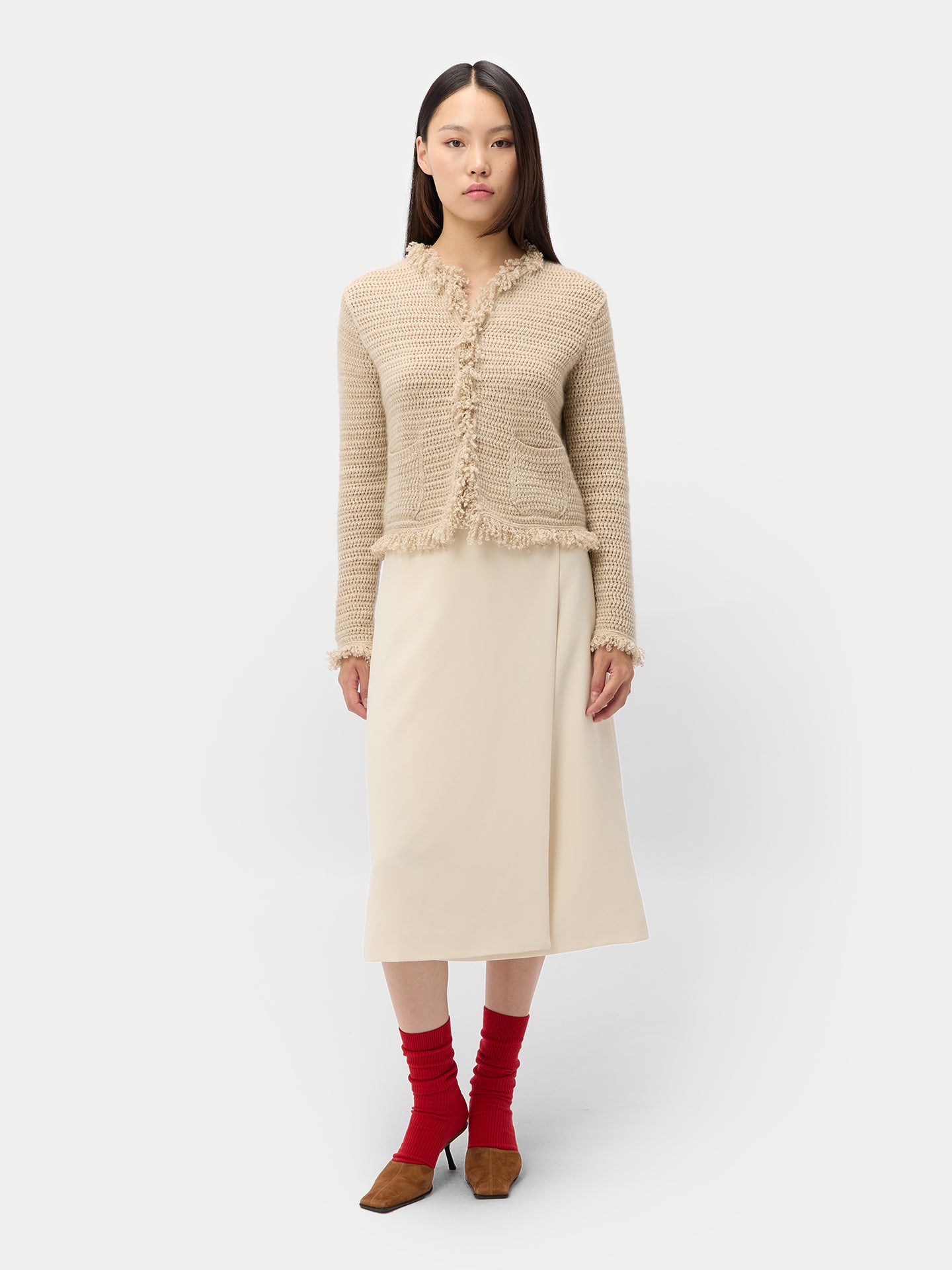 Women's Organic Color Cashmere Cardigan with Frayed Edges