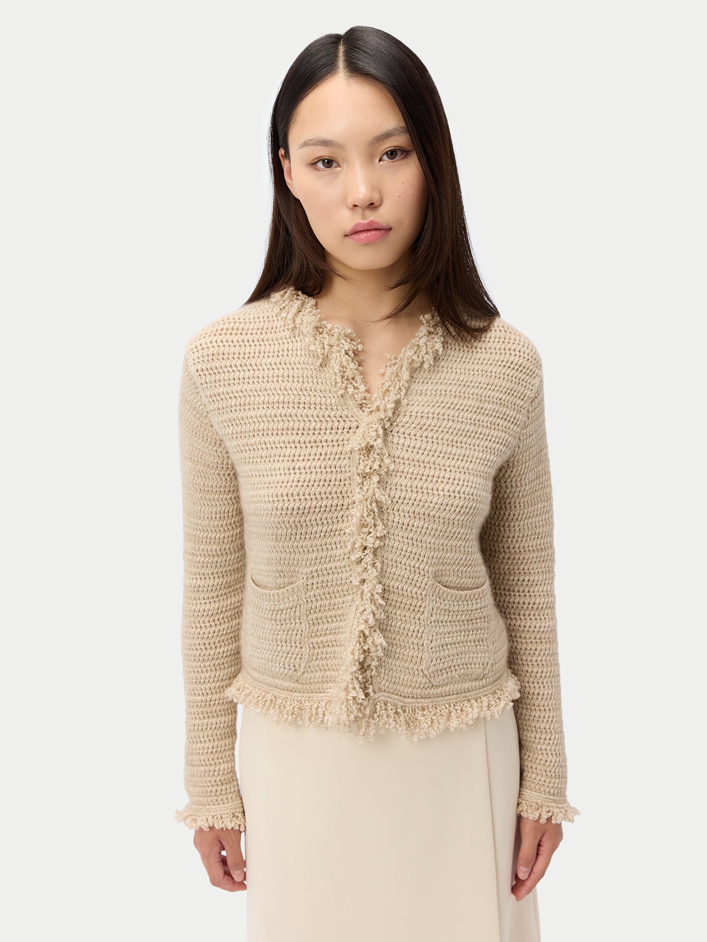 Women's Organic Color Cashmere Cardigan with Frayed Edges