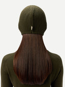 back view of a person wearing a green knit beanie with long brown hair styled in a ponytail. #color_avocado