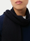 Person wearing a dark blue scarf with a neutral background #color_peacoat