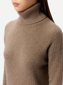 Close-up of a person wearing a beige turtleneck sweater dress on a white background #color_taupe