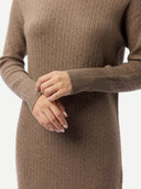 Brown ribbed sweater dress with long-sleeve worn by a person on a white background #color_taupe