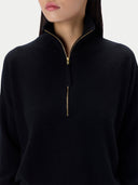 A close-up of a model wearing a black quarter-zip knit sweater with a gold-tone zipper and trim.