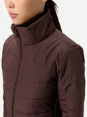 close up of a brown puffer jacket with high neck worn by a person on a white background #color_vineyard-wine