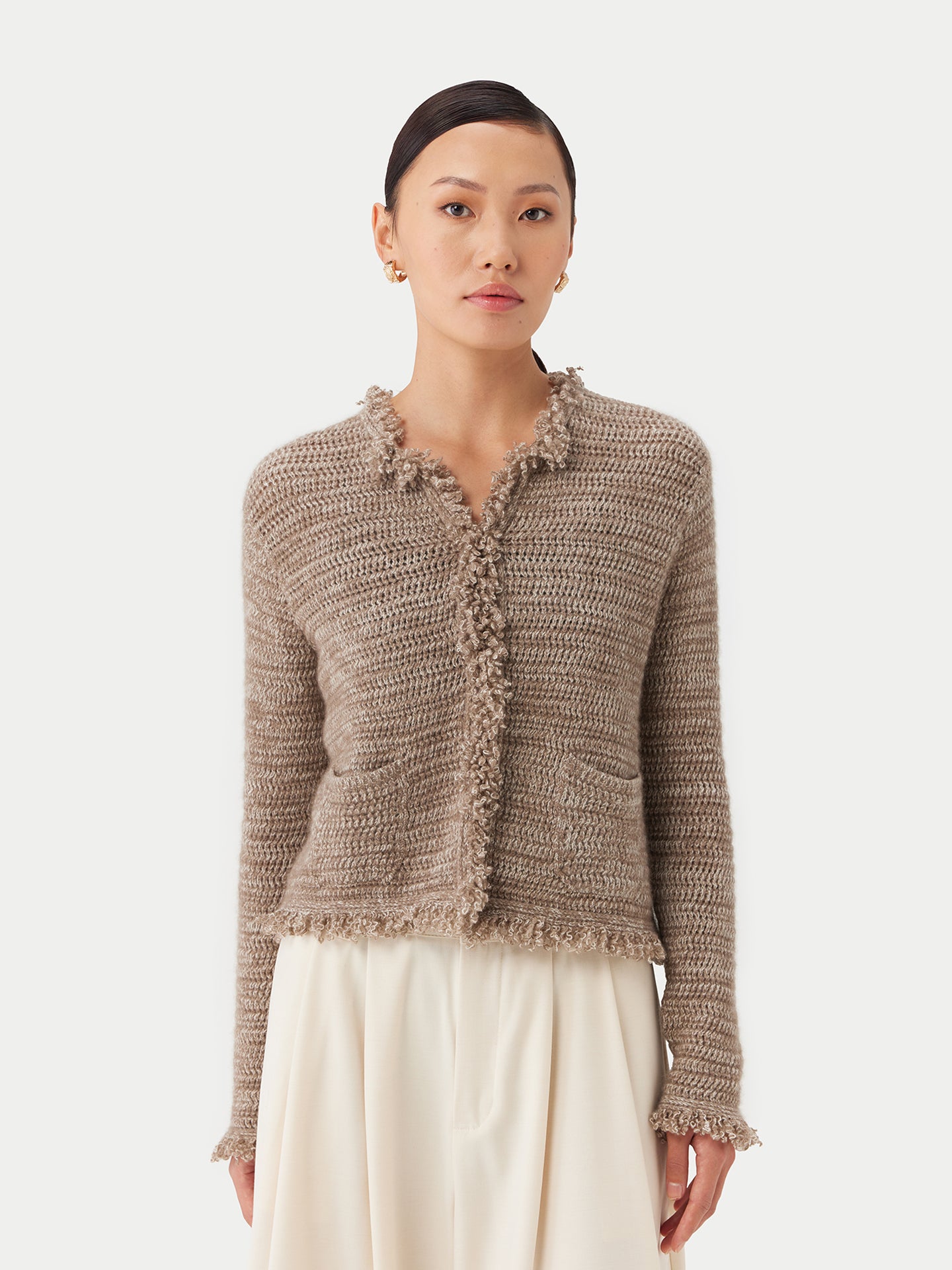 Organic Color Hook And Eye Closure Cashmere Cardigan